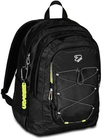 Seven Zaino Scuola Tech, Nero, Doppio Scomparto Con Tasca PC e Tasca Borraccia
