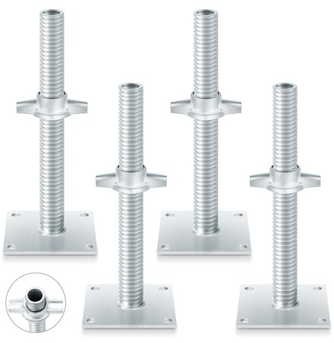 Zonon 4 Pcs Adjustable Leveling Jack Scaffolding 5.3 Square Base Plate 12 Adjustable Threads 1.25 OD Hollow Threaded Rod Scaffold Jack for Baker Style Scaffolding