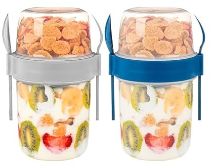 Seveston 2PCs Yogurt Pots 650ml Reusable overnight oats jar with lid On The Go Breakfast Cereal Storage Containers snack pots for Fruit Cereal Porridge Set of 2 (Navy Blue, White)