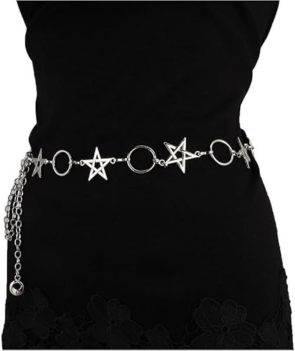 Women's Pentagram & Rings Charm Metal Link Triple Body Chain Fashion Belt Women Chain Belt Multi Layer Waist Chain Metal Belt, Adjustable Chain Belt for Pants, Skirts, Dresses, etc...