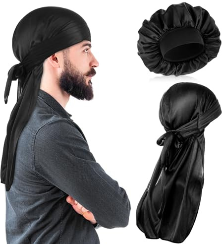Dimeho Haube für Männer, 2 Stück Seidenhaarhaube, weiche elastische Schlafhaube, einlagige Satinhauben, Schwarze, wendbare Schlafmütze für Frauen mit lockigen Haarzöpfen (schwarz)