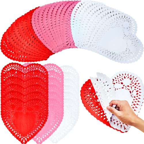 JOYIN 102 PCS 10 Valentines Day Heart Doilies, Tableware Decoration, Home Activitie, Kitchen Disposable Table Crafts, Red White Pink Heart Doilies