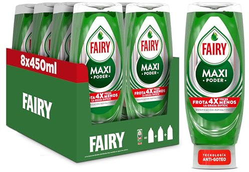 Fairy Maxi Poder Lavavajillas Liquido a Mano, 3,6 L (8 x 450 ml), Con Poder Antigrasa, Limpieza Facil Platos, Ollas Y Sartenes Mas Grasientas