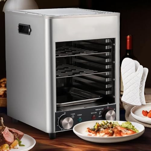 1700w Electric Steak Broiler+Gloves,Electric Contact Grills with 10-Layer Grill/Stepless Knob/Time&Temperature Adjustable/Maximum Temperature 800℃,for Commercial and Home,Grey