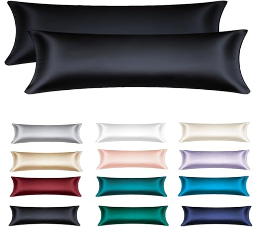 Soifox Satin Seitenschläferkissen Bezug 40x145-2er Set Weich wie Luxurious Seidenkissenbezug 40x145 für Haar und Haut mit Reißverschluss Schwarz