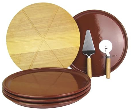 Lentz Juego de 4 platos de pizza de 32 cm de diámetro, incluye tabla de madera auténtica, cortador de pizza y cortador de pizza de acero inoxidable