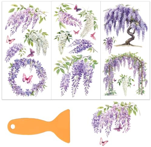 OLYCRAFT 3 Stück/Set Wisteria Transferfolien Zum Aufreiben Für Möbel Und Bastelarbeiten 15x30cm Violette Blumen Möbelaufkleber Dekor Möbel Transferaufkleber Mit 1 Teiligem Schaber Für Holzmöbel