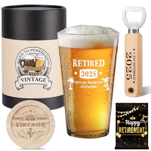 2025, cadeau pour homme retraité, cadeau pour hommes, verre à bière vintage 2025, ouvre-bouteille en bois, boîte cadeau pour bière vintage, dessous de verre en bois, carte de vœux et affiche