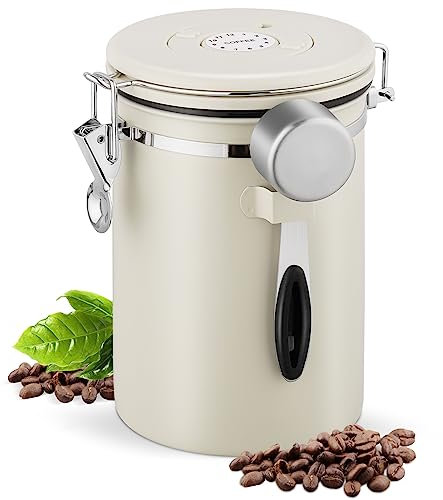 SMRONAR Airtight Coffee Canister for 1kg/35oz Beans, 2.8L Stainless Steel Coffee Bean Storage with Measuring Scoop & Date Tracker, Food Storage Container with CO2 Valve for Grounds,Tea, Sugar (Beige)