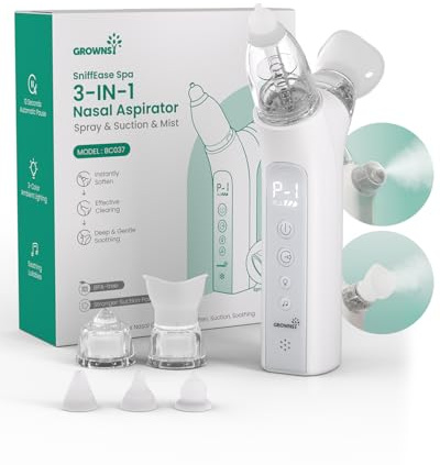 GROWNSY SniffEase Spa 3-in-1 Nasal Aspirator for Baby – Spray, Suction & Mist, Hospital-Grade Powerful Electric Nose Suction with Soothing Light & Music, Larger Chamber (Grey)