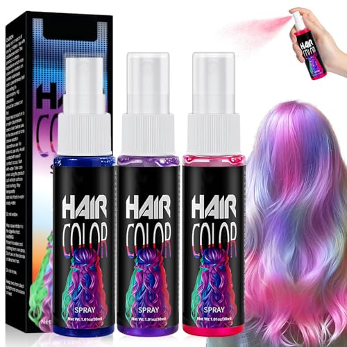 3 Colors Temporary Hair Colour Spray, Coloured Hair Spray | Wash Out Hair Dye, Pink Hair Spray, Purple Hair Sprays, Blue Hair Sprays, for Cosplay, Party, Christmas, Halloween (30ml*3)