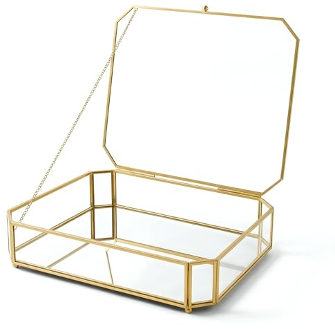 Large Glass Boxes for Display Handmade, Mirrored Bottom, Glass Jewelry Box with Lid, Trinket Box Book Photo Keepsake Organizer, Display Case for Vanity Decor Home Dresser, Octagon Shape, Gold