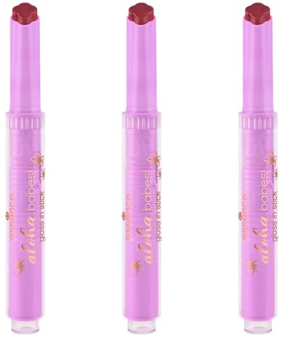 essence aloha, babes! gloss in stick, Lippenstift, Nr. 01, Pink, Färbeeffekt, natürlich, glänzend, vegan, ölfrei, ohne Parabene, ohne Mikroplastikpartikel, 3er Pack (3x1.6g)