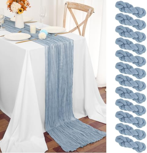 Teruntrue 12 Stück Tischläufer Blau 55x300 cm Staubiges Blau Boho Gaze Käsetuch Tischläufer für Hochzeit, Party, Babyfeier, Brautshower, Geburtstag-Dekorationen