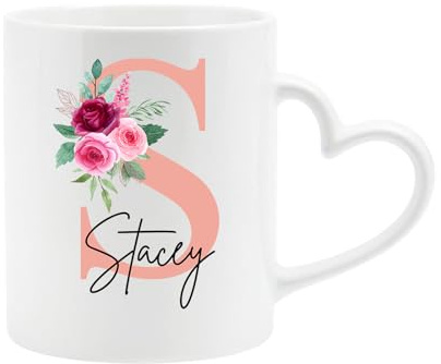 Excudo Trade LTD Heart Handle Mug Personalised Initial Ceramic Coffee Tea Cup with Custom Name Romantic Gift for Couple Present for Valentines Day Anniversary Birthday Christmas - White