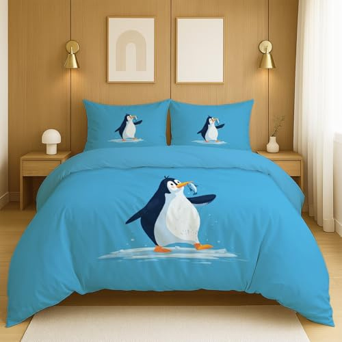 Juego de Cama de Tres Piezas Comodidad Incluye 2 Fundas de Almohada de 80 x 80 cm y 1 Colcha de 180x200 cm., Azul Animación Animales pingüinos