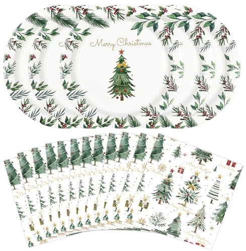 HFBOBP 40PCS Christmas Paper Plates and Napkins Party Decorations, 9inch Xmas Tree Dinner Plates Party Supplies Holly Dinnerware Set for Winter Holiday Christmas