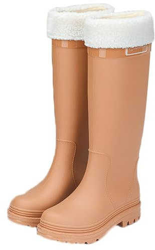 Non-Slip Winter Warm Boots, Women's High-Top Fleece-Lined Rain Boots Waterproof Fashion Outdoor Shoes(Khaki,7 UK)