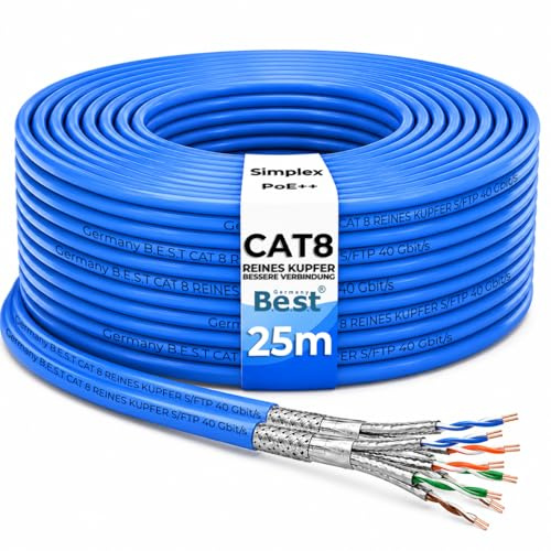 Germany B.e.s.t 25M CAT 8 Duplex Netzwerkkabel Verlegekabel Kupfer LAN Kabel Ethernetkabel S/FTP 40 Gbit/s Kat 8 reines Kupfer Datenkabel PoE++ LSZH Datenkabel