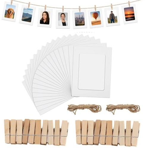 ZaoGoin 20 Stück Foto Girlande Papier Bilderrahmen 10x15 cm Weiß Fotorahmen mit 2 Hanfseil 20 Stück Holzklammern 6 Zoll Fotos Aufhängen Für Geburtstag, Party, Wanddekoration