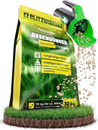 Natureflix Rasendünger Frühjahr & Sommer inkl. Handstreuer | Tierfreundlicher Langzeitdünger für jeden Rasendünger frühling | (Staubarme Körnung 2-5mm) | Frühlingsdünger (10kg für 500m²)