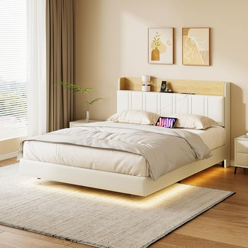 KSFASHZ Letto Sospeso 160x200 con LED e Stazione di Ricarica, Letto Matrimoniale 160x200cm Struttura Letto Imbottito con Testiera e Rete a Doghe (PU Bianco)