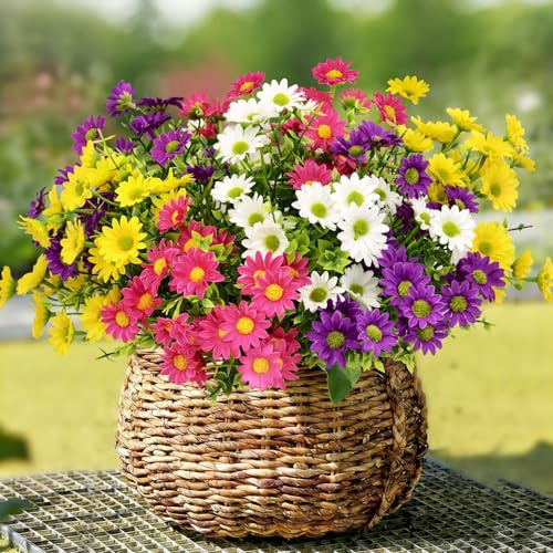 TINA 8 Bündel Künstliche Gänseblümchen Deko, Kunstblumen wie echt, Künstliche Blumen Pflanzen, Kunst Blumenstrauß Frühlingsdeko, Fake Blumen Kunstpflanze für Valentinstag Hochzeit Party