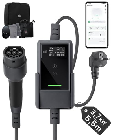 dé 3,7 kW elbilsladdare med app [5 m, 6–16 A] schuko laddkabel för elbil med väggfäste, digital LCD-laddare av typ 2, kompatibel med E-208, Model Y, E-Tech och andra elbilar/laddare med hybridteknik