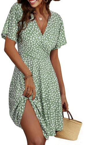 Cicy Bell Damen Sommerkleid Kurzarm Blumenmuster Kleider | Knielang,V Ausschnitt,Leicht,Wrap,Elegant,Midikleid,A-Linie,Freizeitkleid,Dress,Strandkleid