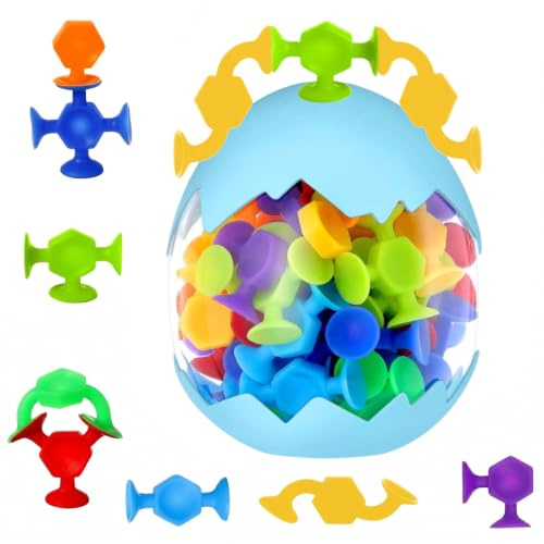 Ensemble de 48 Jouets Sensoriels à Ventouse avec Rangement Œuf de Dinosaure – Jouets de Construction en Silicone Coloré pour Enfants dès 3 Ans, Conformes , Jouets de Bain et de Voyage