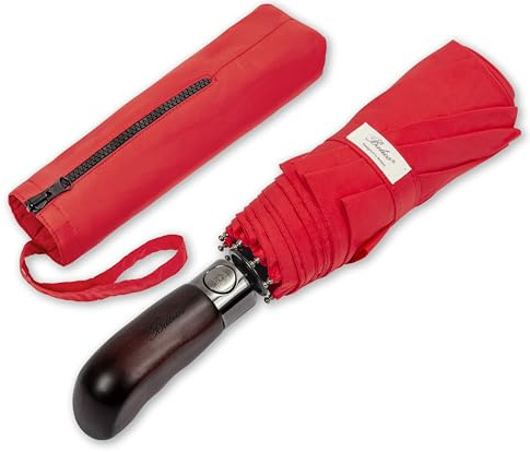 Balios - Ombrello da viaggio unisex con manico in vero legno, ad apertura e chiusura automatica; a prova di vento, a doppia cupola; progettato nel Regno Unito, Rosso vivace con manico in vero legno.