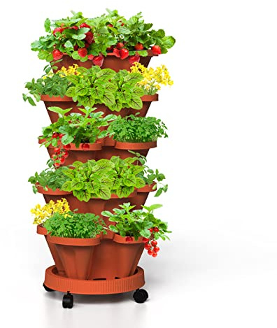Tectsia Strawberry Stackable Planter, Vertical Tower Garden, 5 Tiered Stacking Herb Vegetable Planters with Movable Casters and Bottom Saucer Indoor and Outdoor - Terra Cotta