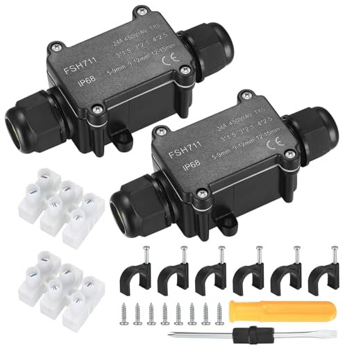 2 Pcs IP68 Waterproof Junction Boxes, 2-Way Outdoor Electrical Cable Connectors Boxes, External Sleeve Protection Box, Line M20 Cable Wire Connectors, Wire Range 5-9mm & 9-12mm