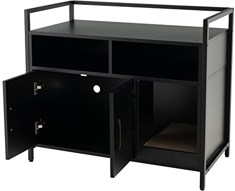 GYMAX Casetta per Gatto, Mobile Lettiera per Gatti, con Robusto Telaio in Metallo, Tiragraffi, Scaffali di Stoccaggio in Legno, Stile Industriale, 89 x 45 x 74,5 cm (Nero)