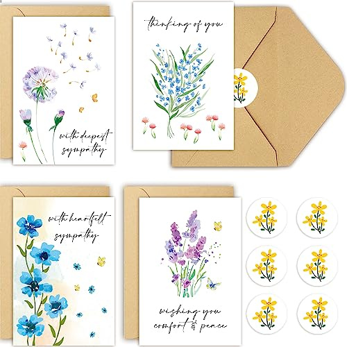 Obbyidk 40 Pack Sympathy Cards with Envelopes, Watercolor Flower Condolence Cards, Bereavement Card, Bulk Box Set Thinking of You Card, Floral Sympathy Card Set, 4 x 6 in