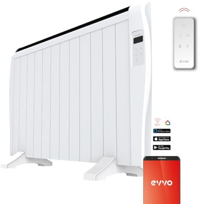 EVVO Emisor Térmico C12 2000W - Radiador Eléctrico Bajo Consumo, 10 Elementos, Suelo o Pared, Temporizador 24h, Wifi y App, Bloqueo infantil, Pantalla LCD, Mando, Blanco