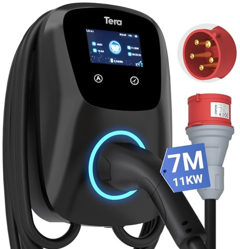 Tera EV Ladegerät 11kW 16A Typ 2 11kW Heim Ladestation 400V CE & TÜV Wallbox 7m Ladekabel mit Ladegerätehalter CEE 3-Phasen Stecker für Alle EVs und PHEVs Modell W01 Schwarz