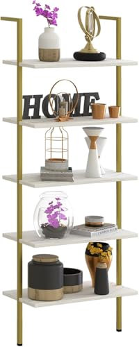 Huhote Ladder Shelf, 5 Tier Wall Bookcase, Bookshelf Wall Mounted, Wall Mount Bookcase, Open Tall Bookshelf with Metal Frame, Industrial Shelf for Living Room, Kitchen, Office, Bedroom (White/Gold)