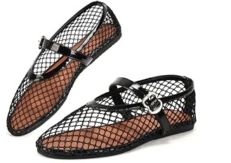 Balettskor i nät för kvinnor, spännrem fisknät ballerina platta skor, bekväma avslappnade rund tå Mary Jane, platta skor för kontor, Svart (A1 Black), 40 EU