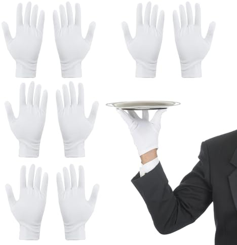 OMCGG 4 Paia di Guanti Bianchi 100% Cotone Morbidi e Traspiranti Riutilizzabili e Lavabili per Gioielli, Arte, Catering, Giardinaggio e Usi Professionali