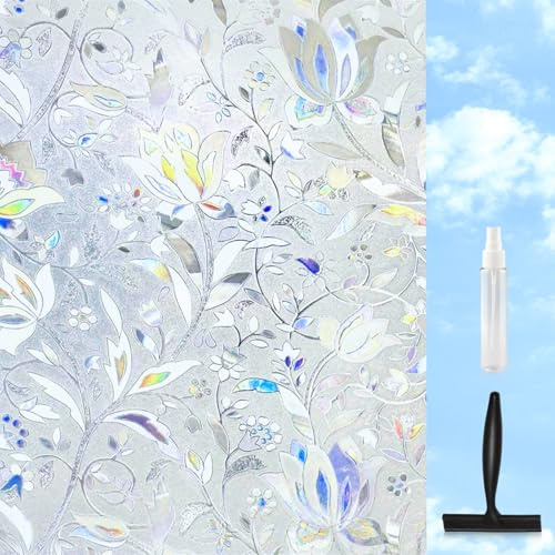 iewrtcin 3D Window Film Privacy Film for Glass Windows, No Glue Self-adhesive, UV Protection, Easy Installation, Flower Pattem, Opaque Privacy Film for Home & Office Glass, 40x200 cm