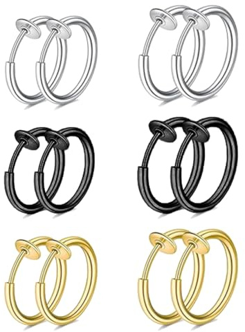 FENQURO 6 Paires de boucles d'oreilles clips en acier inoxydable pour femmes, fausse boucle d'oreille homme, hommes ou filles, sans perçage, imitant les boucles d'oreilles anneaux et créoles