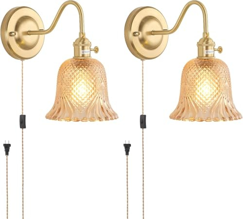 LOGT Lámpara de Pared Vintage con Enchufe e Interruptor Aplique Aplique de Cristal Pantalla de Lámpara de Luminaria de Mesita de Noche Dorada Base de Latón Iluminación de Pared Cable Interruptor