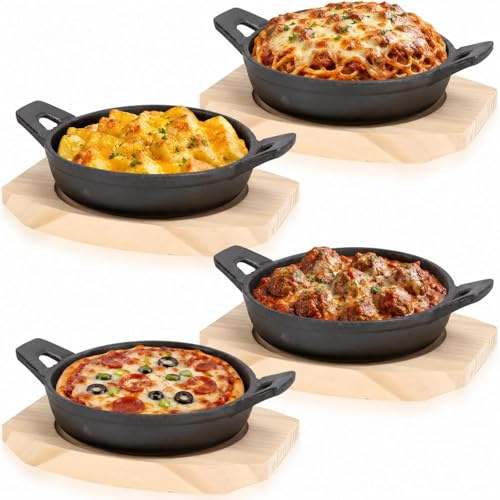 4er-Set Klein Servierschale aus Gusseisen, 14 cm Gusseisen Grillpfännchen mit Holzbrett für Fajitas Omelette Tapas, Mini Servierpfanne mit 2 Seitengriffen für Backöfen Induktion Geeignet Grill BBQ