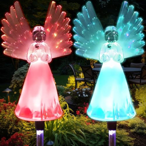 KTCINA 2Pcs Angel Solar Garden Lights, IP65 Waterproof Outdoor Garden Stake Lights 7 Color Changing Angel Decorative Light for Outdoor Patio Yard Landscape Cemetery Grave Lawn Decoration