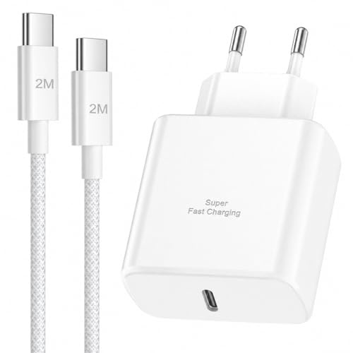 45W Chargeur USB C Rapide avec Nylon 2M Cable USB C pour Samsung Galaxy S26/S25/S24/S23/ S22 /S21 /S21 Ultra,S20 FE, A16/A15/A14/A54/A53, Chargeur USB C 45W Super Charge Rapide Prise Secteur USB C