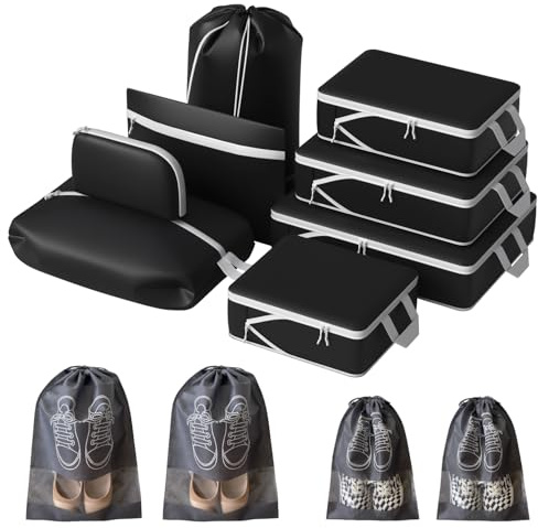 12 Pack Compression Packing Cubes, Expandable & Ultralight Travel Organizers, Waterproof Luggage Packing Set for Carry-On, Suitcase, Backpack (Black)