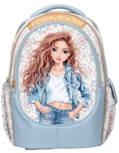 Depesche 14021 TOPModel Festival Fun - Schulrucksack in Dunkelblau und Creme, mit Model Motiv und Blumen-Muster, Schultasche mit verstellbaren Trägern