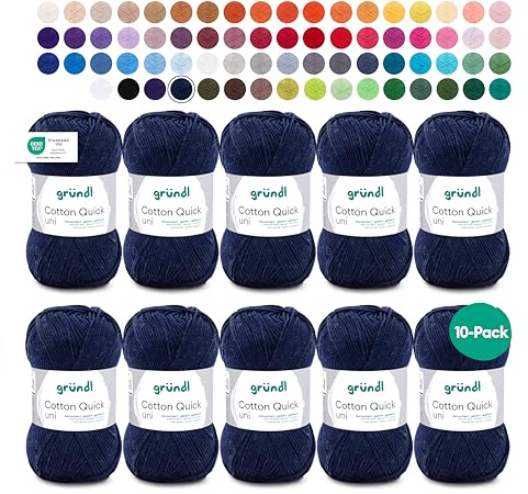 Gründl Wolle Cotton Quick uni Häkelgarn 10 Knäuel 50 g, Dunkelblau | dünne Wolle zum Häkeln - Strickgarn - Häkelgarn - Glänzend und hautfreundlich - 100 % Baumwolle - 50 g / 125 m