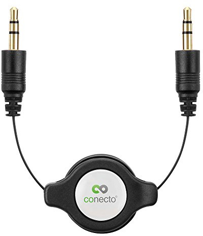 conecto CC20086 Aufrollbares Audio Stereo Aux Verbindungskabel Klinkenkabel, 3,5mm Klinkenstecker mit Integrierter Spule, 0,8m, schwarz